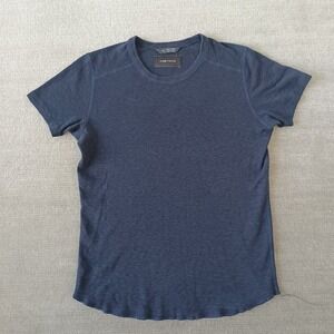 Wings + Horns Shirt Mens Small Navy Blue Short Sleeve Crew Neck Stretch Raw Hem